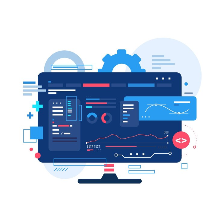 Flat design vector illustration of a modern computer monitor displaying a dark UI beta testing dashboard with data analytics, line graphs, code execution lines, and a red tag with code brackets next to a gear icon.