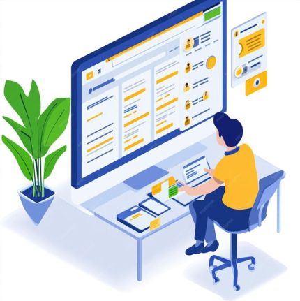 3D isometric vector illustration of a professional UI UX designer sitting at a desk with a large computer monitor configuring an enterprise CRM platform dashboard displaying user profile lists and account data cards.