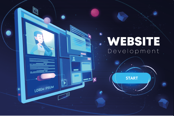 3D vector illustration of a digital tablet showcasing a user profile layout and code blocks, with the bold text WEBSITE Development and a START button.