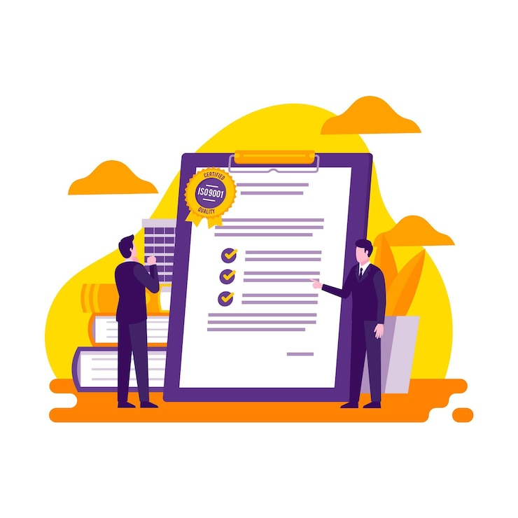 Flat vector illustration of a professional team conducting a website quality audit on a giant clipboard checklist, featuring a man with a large pencil checking off tasks and a woman examining criteria with a magnifying glass.