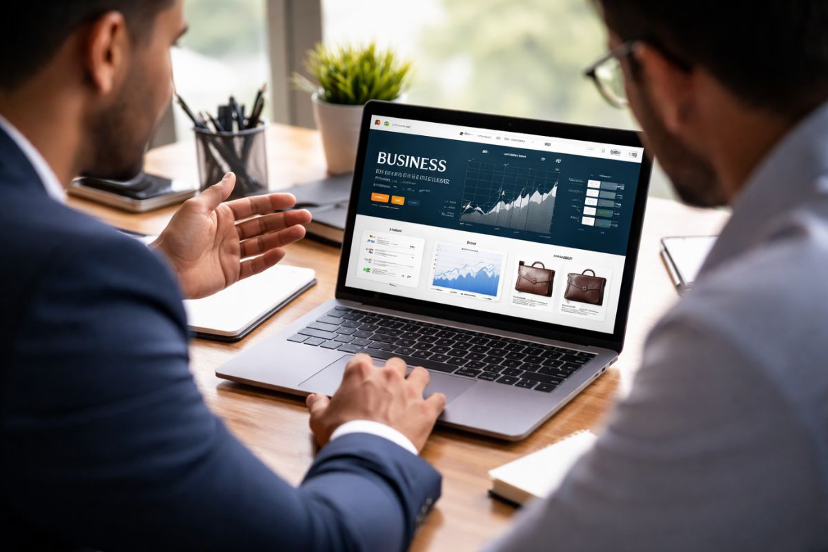 High-fidelity corporate photograph showing two professional digital marketers analyzing a B2B e-commerce website dashboard on a laptop, featuring product catalog layouts and traffic growth analytics charts.