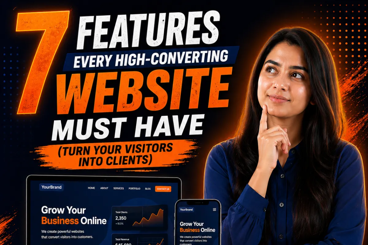 A professional web design marketing graphic highlighting 7 features every high-converting website must have to turn visitors into clients, featuring a thoughtful woman next to laptop and smartphone mockups.