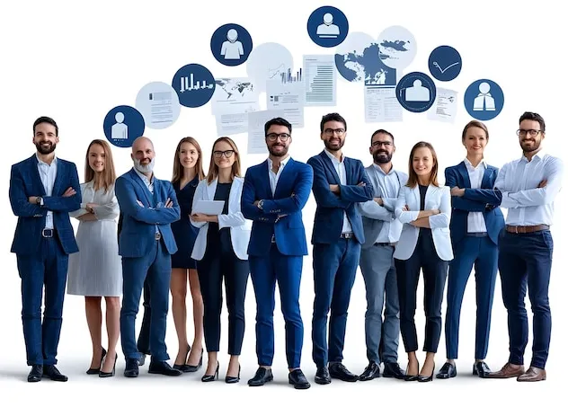 A group of ten professional men and women in business attire standing in a row against a white background with floating icons representing business, data, and communication.