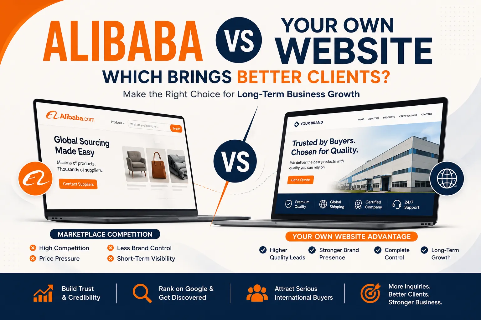 A side-by-side comparison infographic showing a laptop with Alibaba versus a laptop with a branded business website, highlighting the strategic advantages of building your own platform for long-term growth.