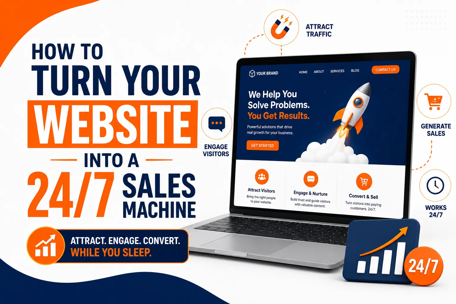 An infographic featuring a laptop displaying a business website, surrounded by icons and text explaining the process of attracting, engaging, and converting visitors 24/7.