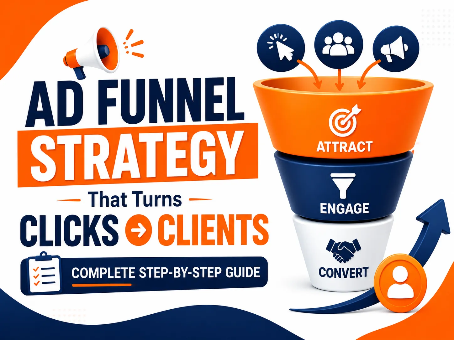 An infographic featuring a funnel graphic representing a three-step marketing strategy of attract, engage, and convert to transform clicks into business clients.