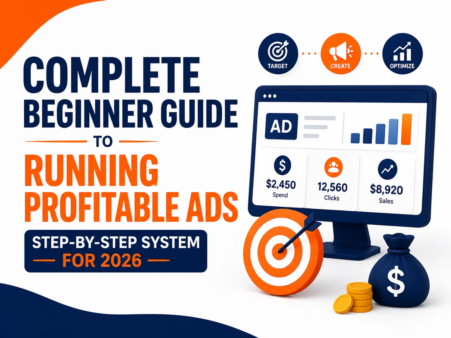 An infographic illustrating a step-by-step system for running profitable advertisements, featuring icons for targeting, creating, and optimizing, alongside metrics for ad spend, clicks, and sales.