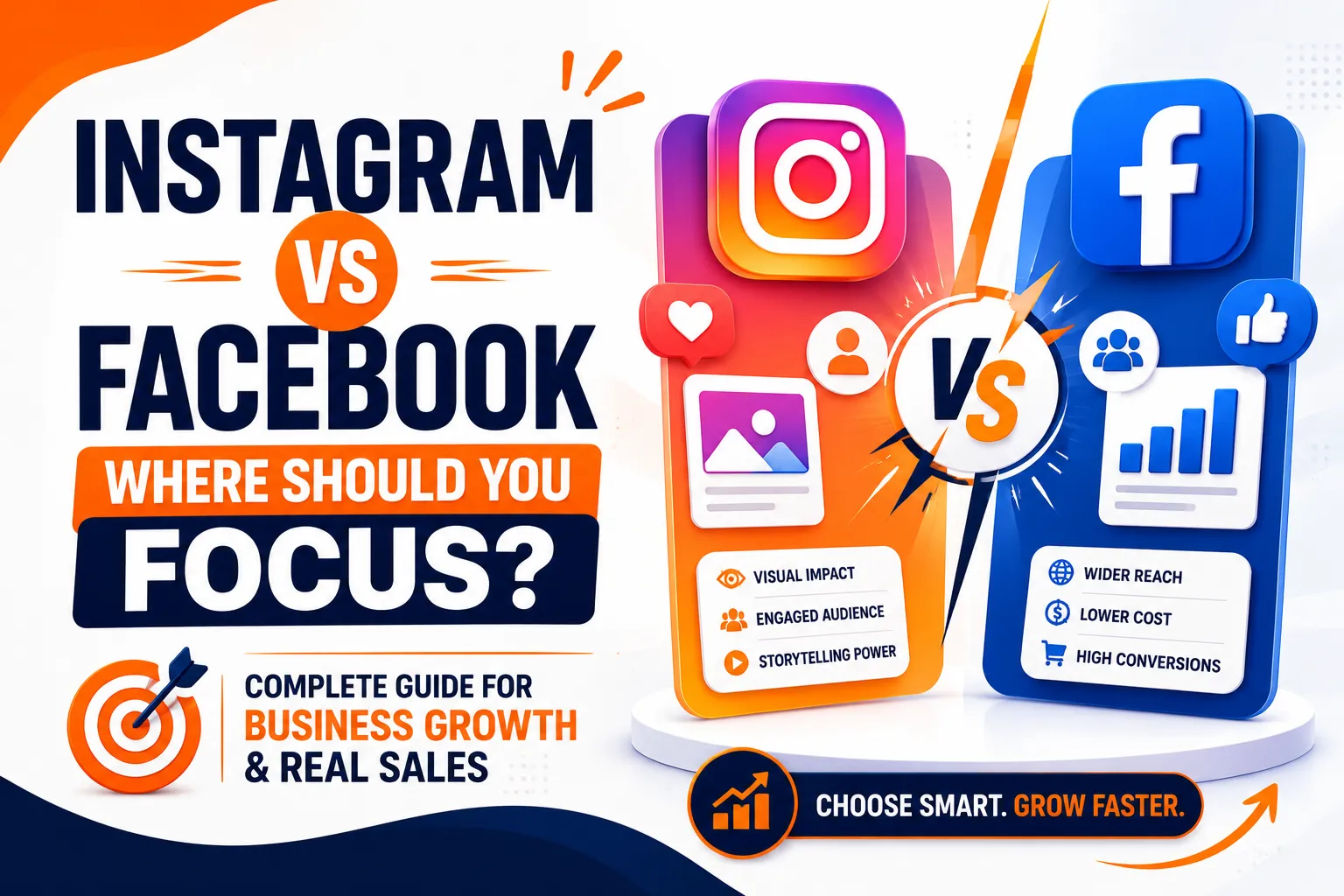 An infographic comparing Instagram and Facebook for business marketing, highlighting Instagram's visual storytelling strengths versus Facebook's wide reach and conversion capabilities.
