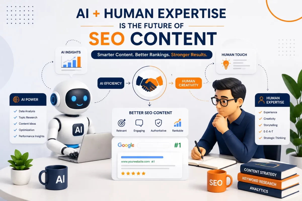 AI and human expertise working together to create high-quality SEO content, combining AI-powered insights with human creativity, strategy, and content optimization.