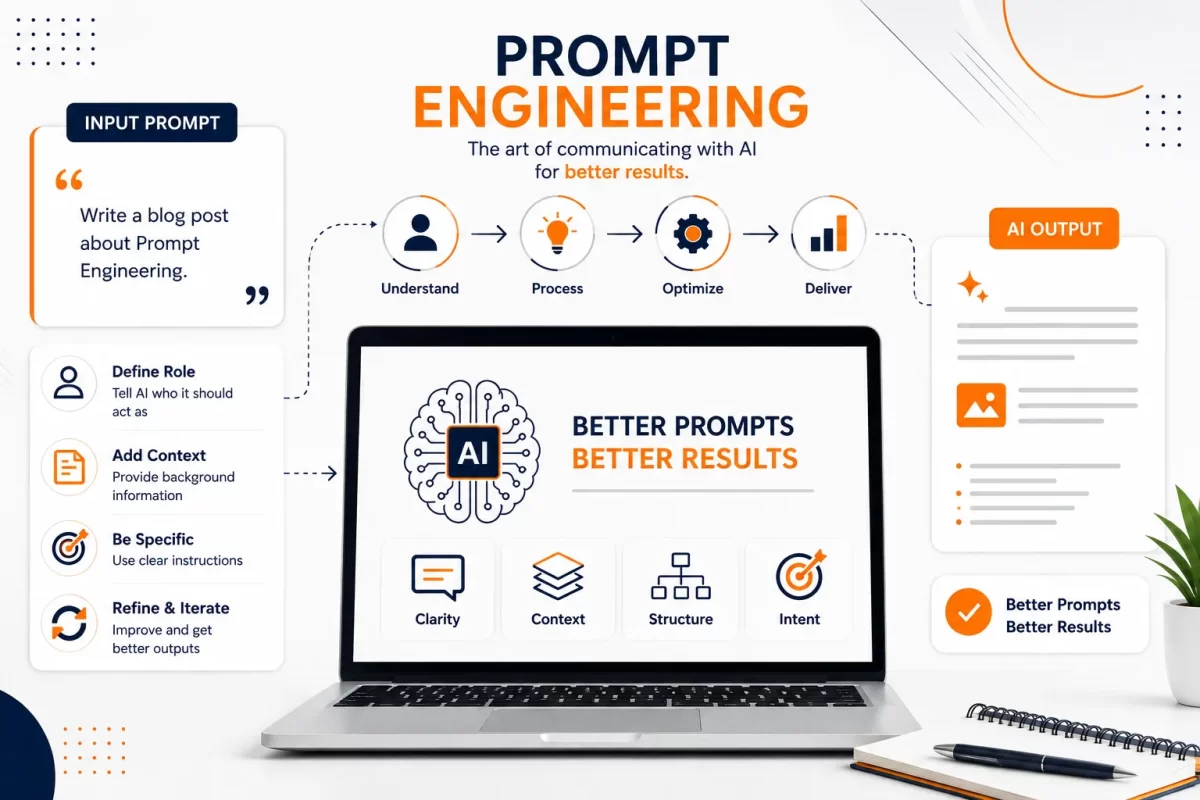 Prompt engineering concept showing a laptop, AI system, structured prompts, and a workflow for creating clearer prompts and better AI-generated results.