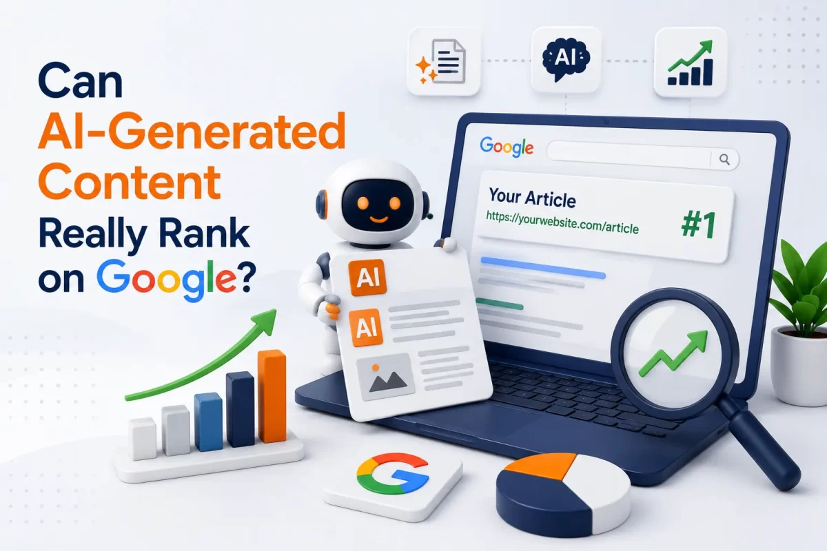 3D illustration showing AI-generated content being evaluated for Google search ranking, with an AI robot, search results, SEO analytics, and a rising ranking chart.